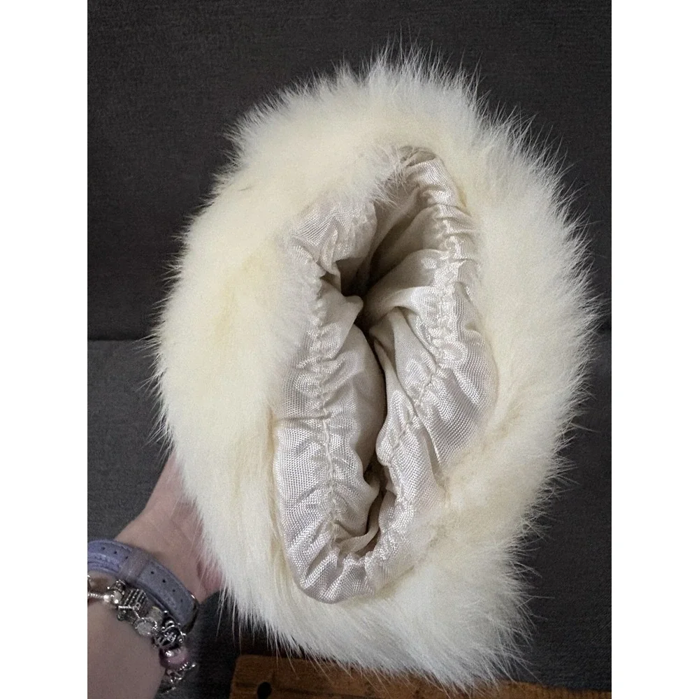 Vintage Fur Hand‎ Muff ~ Real White Rabbit Fur ~ 9 Inch Soft Warmer with Handle